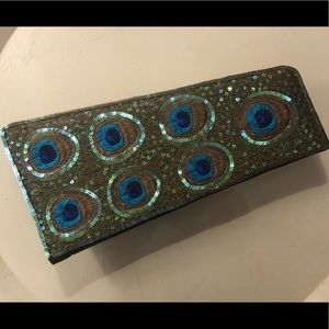 Plum Tree Peacock Feather Design Zipper & Snap Clutch Purse Bag